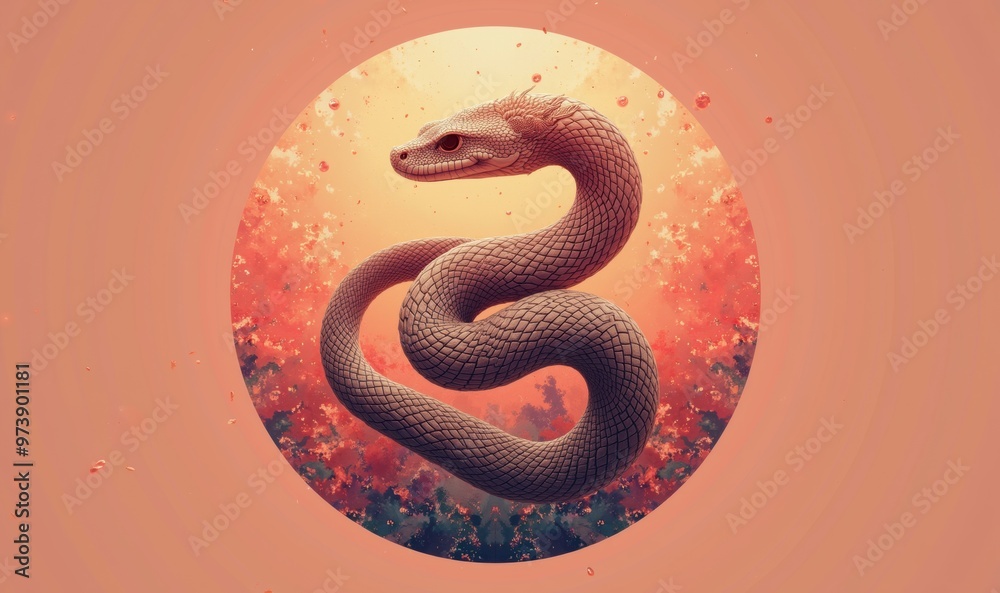 A captivating illustration of a snake surrounded by a vibrant, abstract background, perfect for branding, fashion, or eco-conscious projects. A captivating illustration of a snake surrounded by a vibrant, abstract background, perfect for branding, fashion, or eco-conscious projects.
