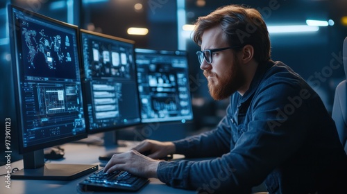 Digital marketing specialist designing ads on a high-tech computer setup