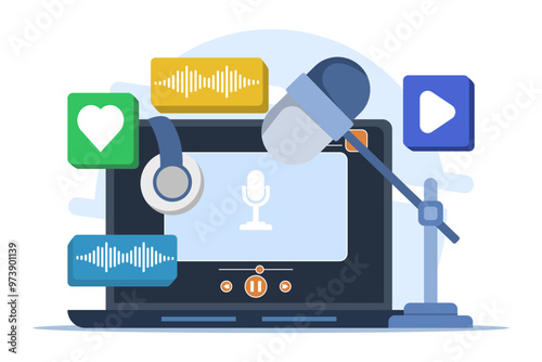 Radio and podcast concept, radio host talking into microphone and interviewing guests, Online video or audio podcast, Live interview, listen to interview show, Podcast player.