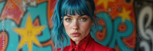 A striking portrait of a woman with blue hair against a vibrant graffiti backdrop, showcasing individuality and urban style, perfect for creative and fashion themes.