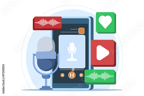 Radio and podcast concept, radio host talking into microphone and interviewing guests, Online video or audio podcast, Live interview, listen to interview show, Podcast player.