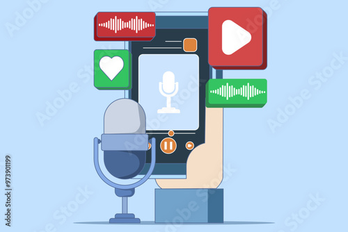 Radio and podcast concept, radio host talking into microphone and interviewing guests, Online video or audio podcast, Live interview, listen to interview show, Podcast player.