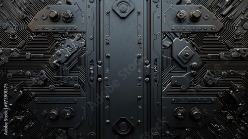 Abstract Black Metal Panel With Circuitry And Gears