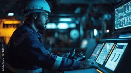 Drilling rig worker in a control room, monitoring gauges and screens, futuristic equipment, soft ambient lighting