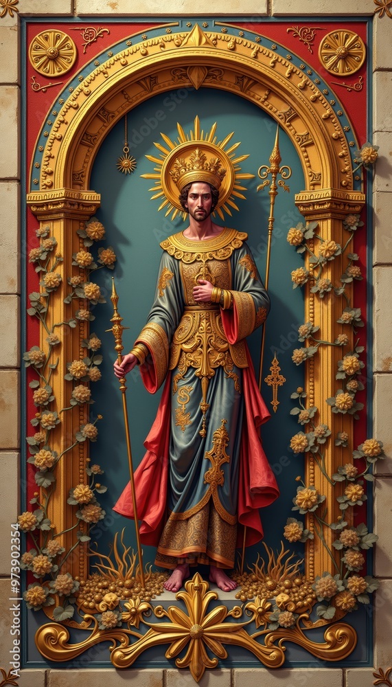 Intricate religious statue depicting a saint, showcasing beautiful craftsmanship and vibrant colors, ideal for art, culture, spirituality, or historical context.