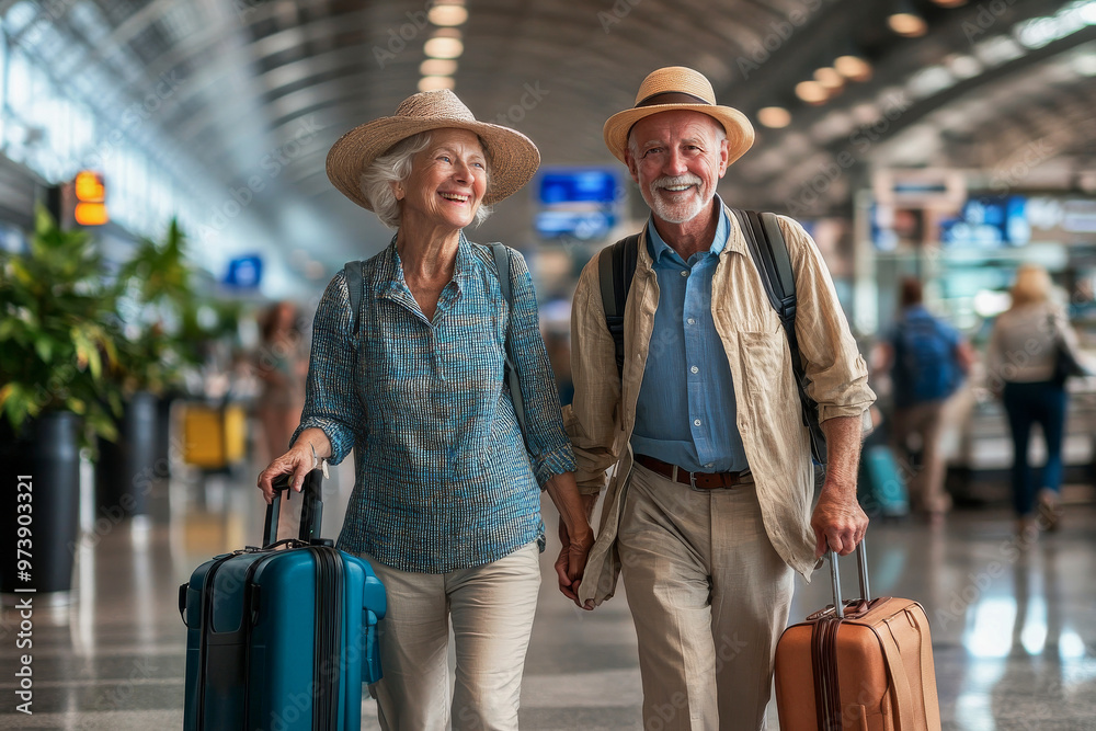 Smiling elderly couple with suitcases walking in the airport, going on holiday. Smiling elderly couple with suitcases walking in the airport, going on holiday.