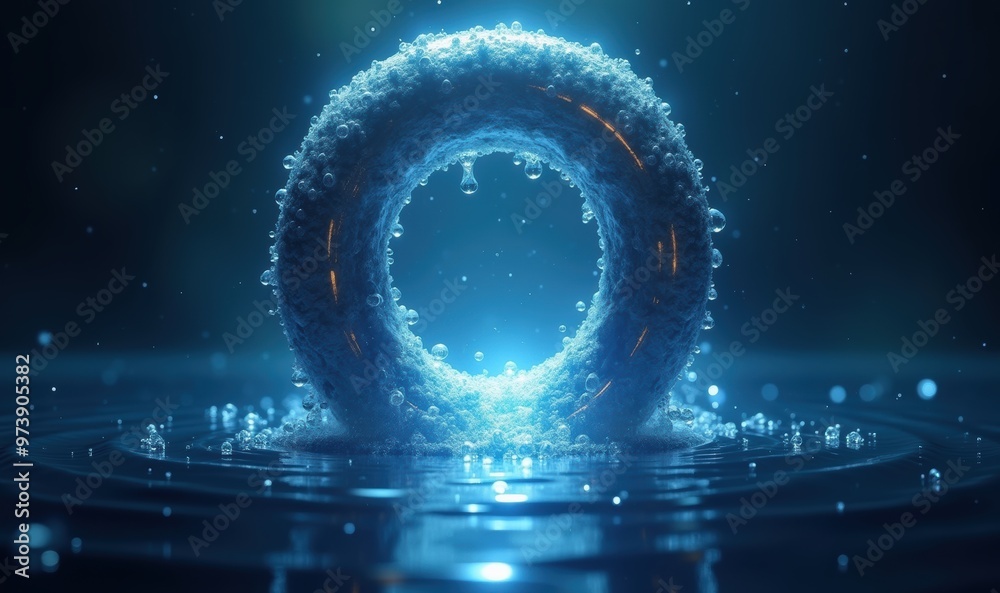 A mesmerizing 3D render of a floating ring surrounded by shimmering water droplets, conveying a sense of tranquility and innovation. A mesmerizing 3D render of a floating ring surrounded by shimmering water droplets, conveying a sense of tranquility and innovation.