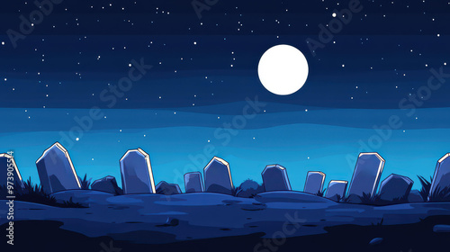 A serene moonlit scene, showcasing weathered tombstones in a tranquil cemetery, evoking reflection and calm.