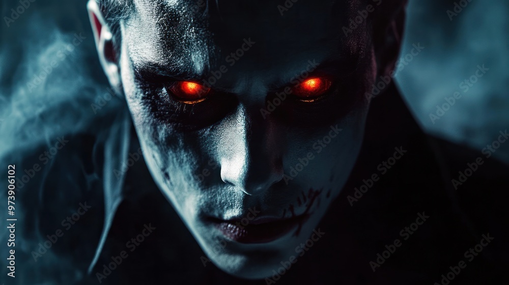 Halloween vampire with glowing red eyes, dark background with mist and shadows Halloween vampire with glowing red eyes, dark background with mist and shadows