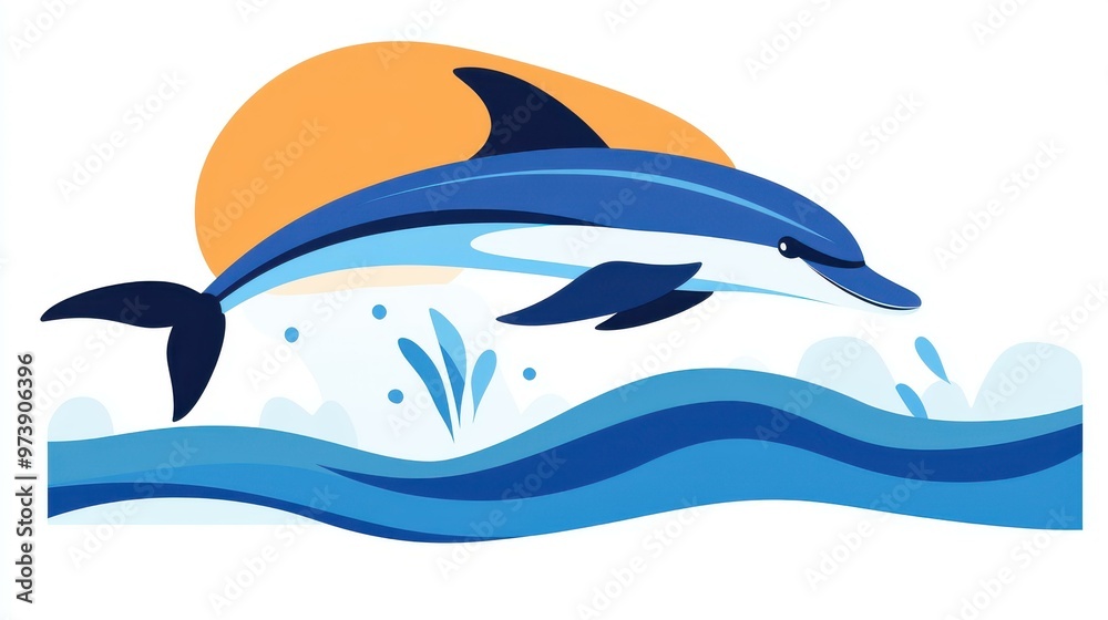A sleek dolphin leaps in a minimalist design, showcasing clean lines and simple forms in a vibrant flat style. A sleek dolphin leaps in a minimalist design, showcasing clean lines and simple forms in a vibrant flat style.