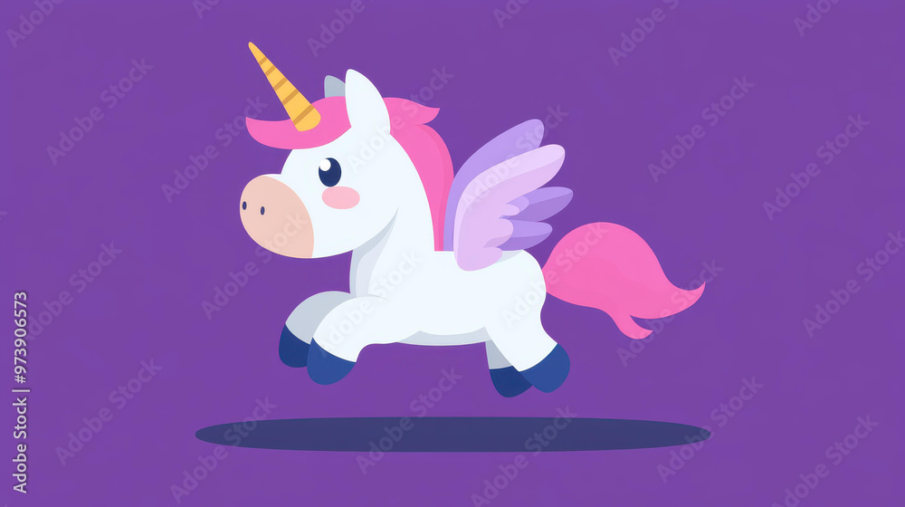 Obraz premium Adorable unicorn design featuring playful pastel hues. A charming, simple vector illustration with a friendly vibe.