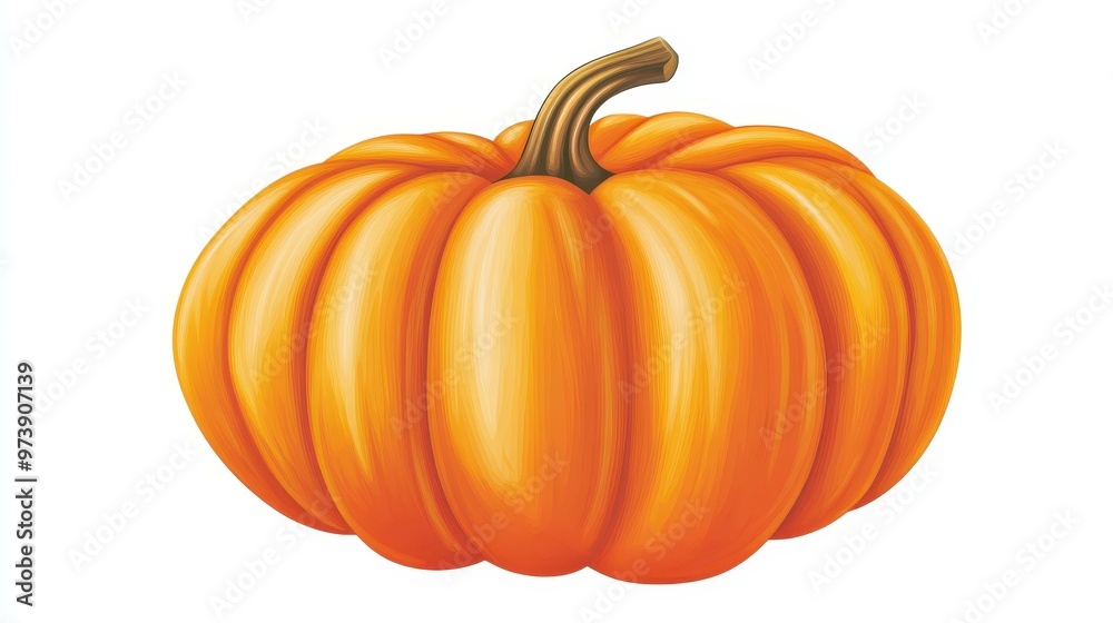 Obraz premium A vibrant orange pumpkin, featuring a curved stem, showcases its beauty on a clean white backdrop in a studio setting.