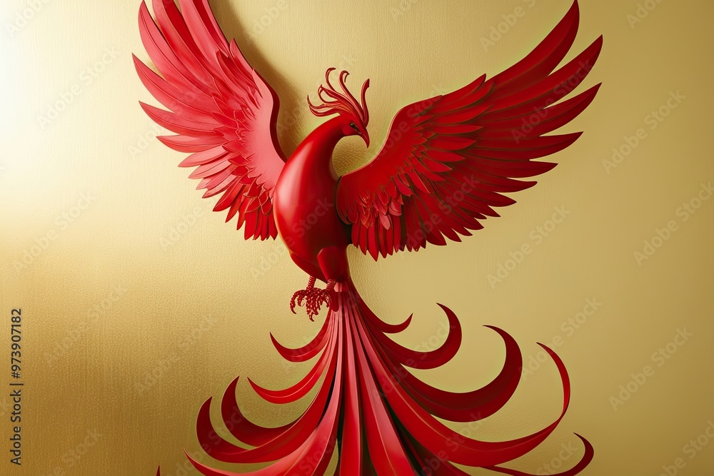 Obraz premium Enchanting Crimson Phoenix Against a Golden Backdrop Symbolizing Renewal and Celebration