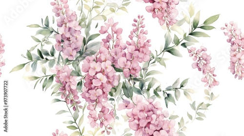 Elegant pink wisteria border vintage floral watercolor style