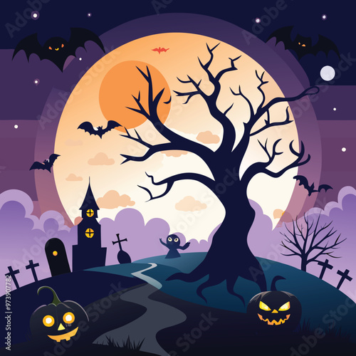 A Halloween poster with a full moon behind it. Generative AI