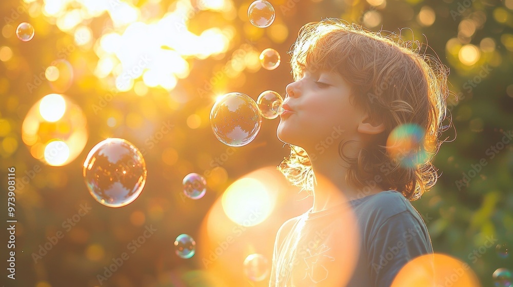 Child Blowing Bubbles in Summer Sunlight Child Blowing Bubbles in Summer Sunlight