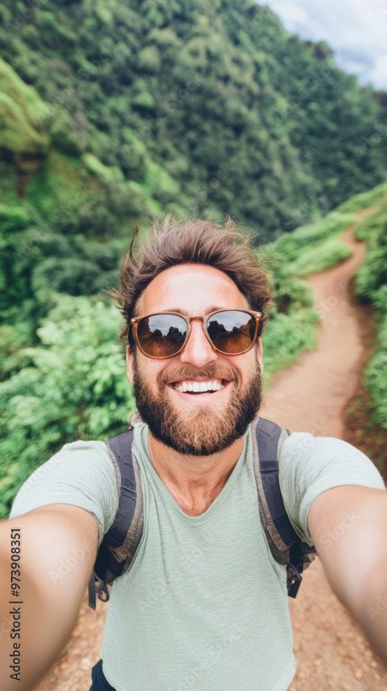 A joyful hiker poses for a selfie on a mountain trail, surrounded by vibrant greenery and enjoying the great outdoors A joyful hiker poses for a selfie on a mountain trail, surrounded by vibrant greenery and enjoying the great outdoors