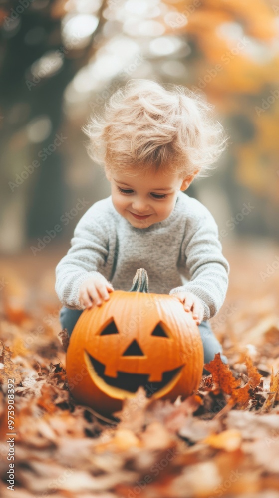 A child engages playfully with a carved pumpkin surrounded by colorful leaves, embodying the spirit of Halloween in a park A child engages playfully with a carved pumpkin surrounded by colorful leaves, embodying the spirit of Halloween in a park