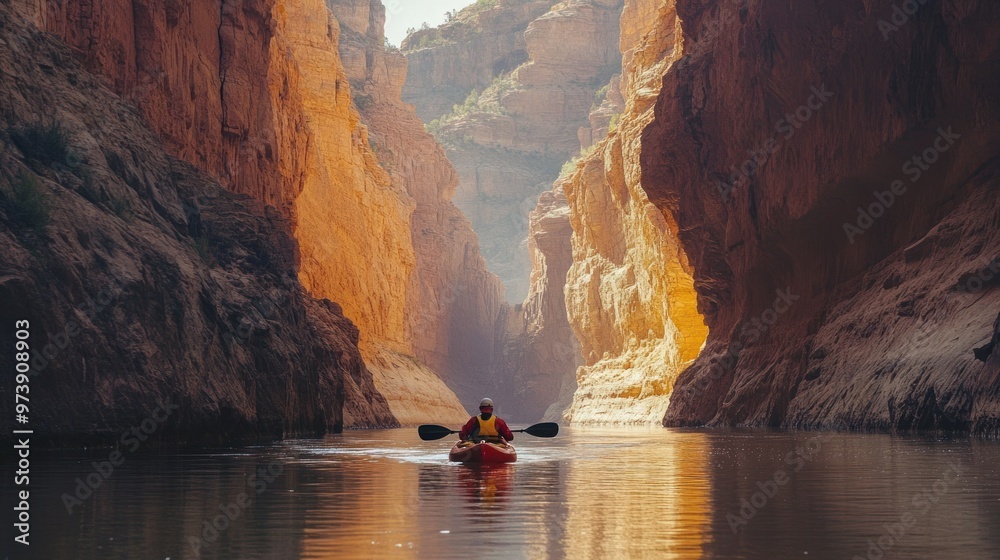 Fototapeta premium Kayaking through a narrow river canyon with cliffs