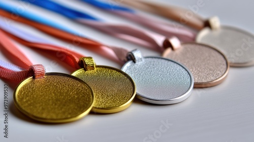 A close-up view showcases gold, silver, and bronze medals, each hanging from brightly colored ribbons, symbolizing athletic success and recognition photo