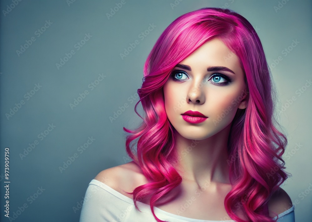 A serene and stylish young woman with vibrant pink hair and expressive blue eyes gazes thoughtfully to the