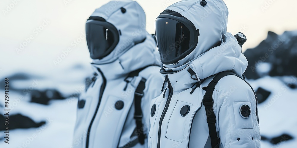 Two astronauts in futuristic suits stand on a snowy landscape, showcasing advanced technology and exploration spirit. Two astronauts in futuristic suits stand on a snowy landscape, showcasing advanced technology and exploration spirit.