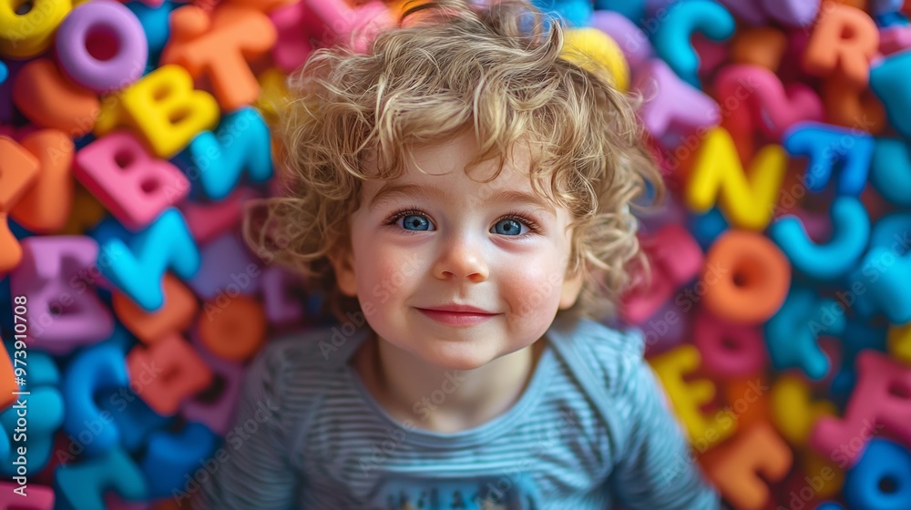 Happy Toddler Surrounded by Colorful Letters Happy Toddler Surrounded by Colorful Letters