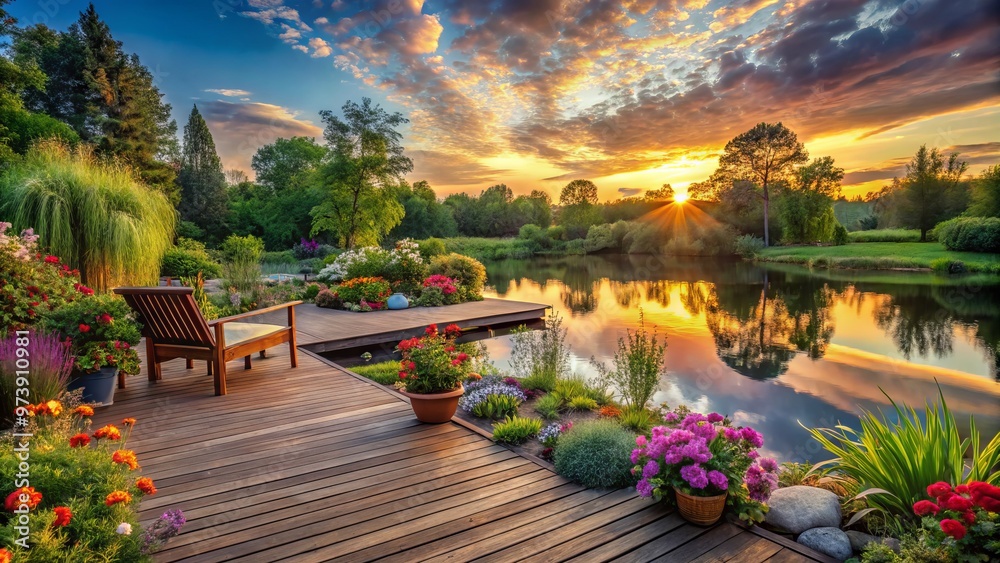Fototapeta premium A serene backyard oasis featuring a weathered wooden deck surrounded by lush greenery, vibrant flowers, and a tranquil