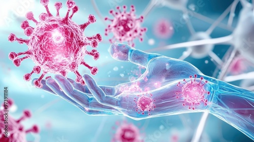 Immune System Warriors: Conceptual Visualization of the Human Immune System Battling a Viral Infection photo