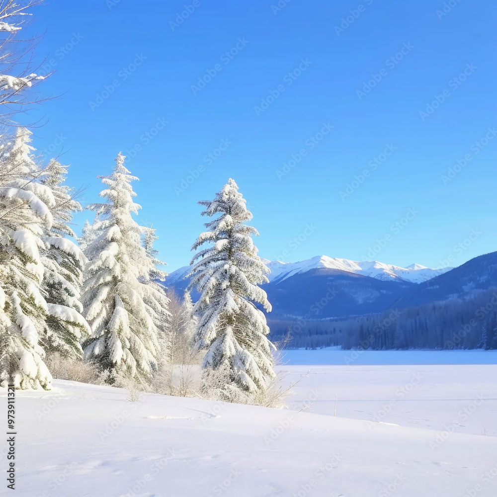 Winter landscape with snow-covered trees and distant mountains under clear blue sky Winter landscape with snow-covered trees and distant mountains under clear blue sky