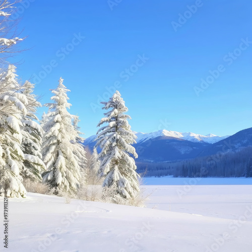 Winter landscape with snow-covered trees and distant mountains under clear blue sky