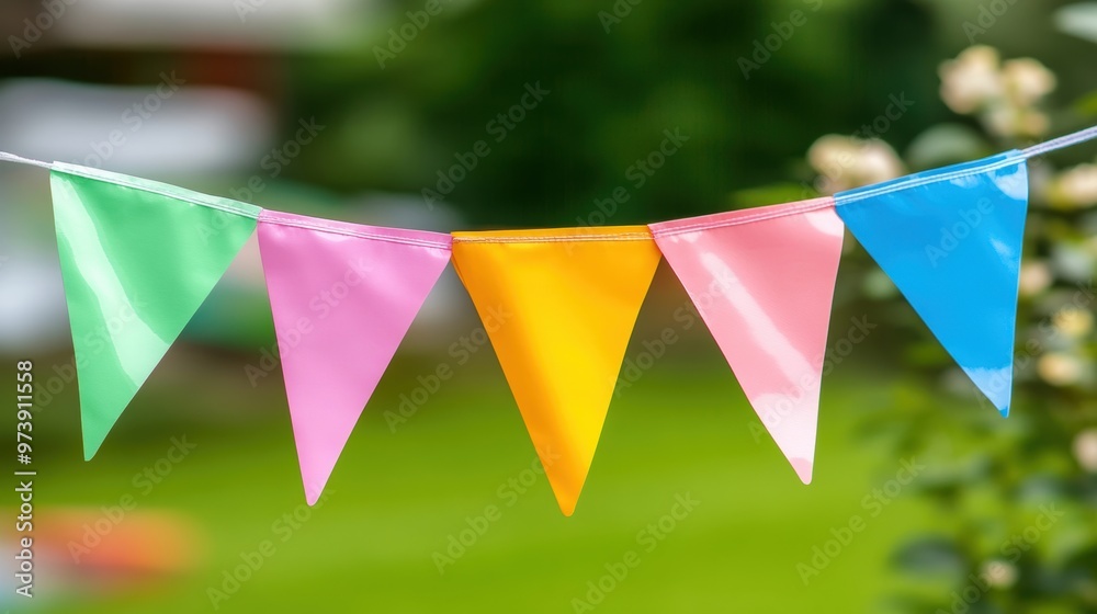Brightly colored bunting flags sway gently in the breeze, adding cheer to a sunny outdoor gathering in a garden Brightly colored bunting flags sway gently in the breeze, adding cheer to a sunny outdoor gathering in a garden