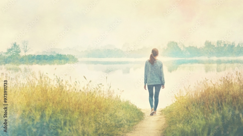 Serene Woman Practicing Mindfulness in Nature - Pastel Watercolor Illustration with Soft Light Serene Woman Practicing Mindfulness in Nature - Pastel Watercolor Illustration with Soft Light