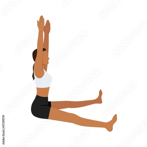 Young woman doing Seated Straddle Pose Arms Raised or Upavistha Konasana Uttana Hasta. Flat vector illustration isolated on white background