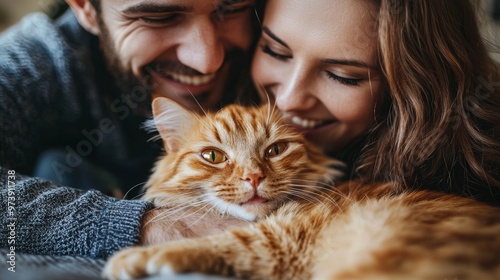 Happy Couple with Cute Ginger Cat  Pets and Love