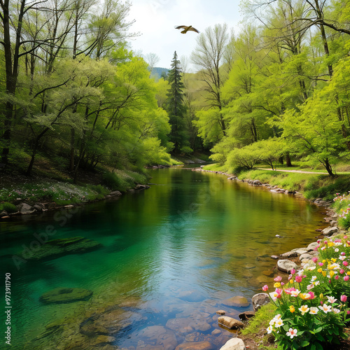 Serene river in a green forest with blooming flowers on the riverbank