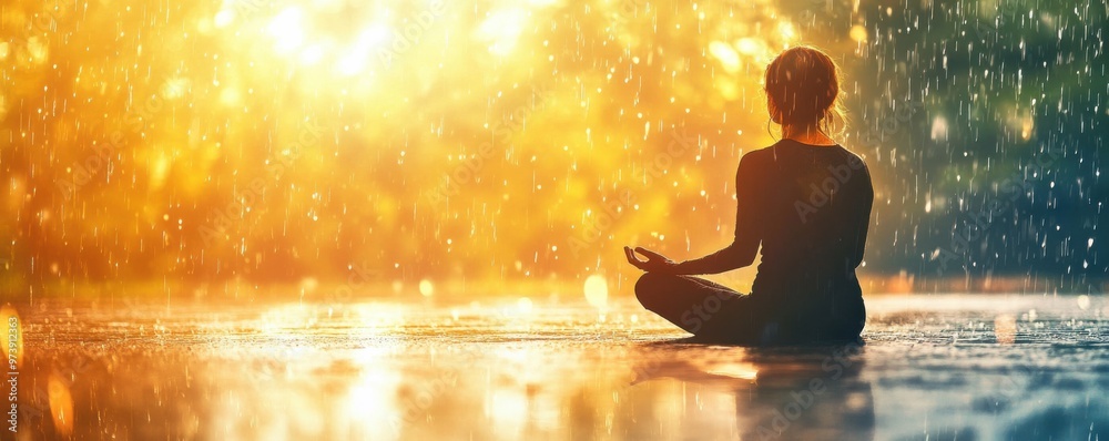Serene Meditation in the Rain - Tranquil Person Meditating with Calming Raindrops in Soft, Dreamy Lighting Serene Meditation in the Rain - Tranquil Person Meditating with Calming Raindrops in Soft, Dreamy Lighting
