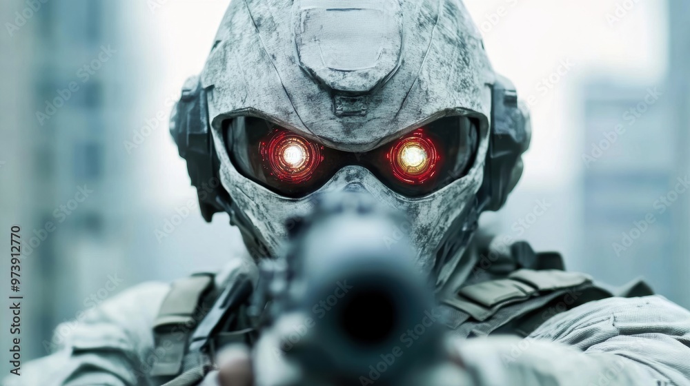 A soldier equipped with high-tech gear focuses on a target, ready to engage in an urban combat scenario amidst towering buildings A soldier equipped with high-tech gear focuses on a target, ready to engage in an urban combat scenario amidst towering buildings