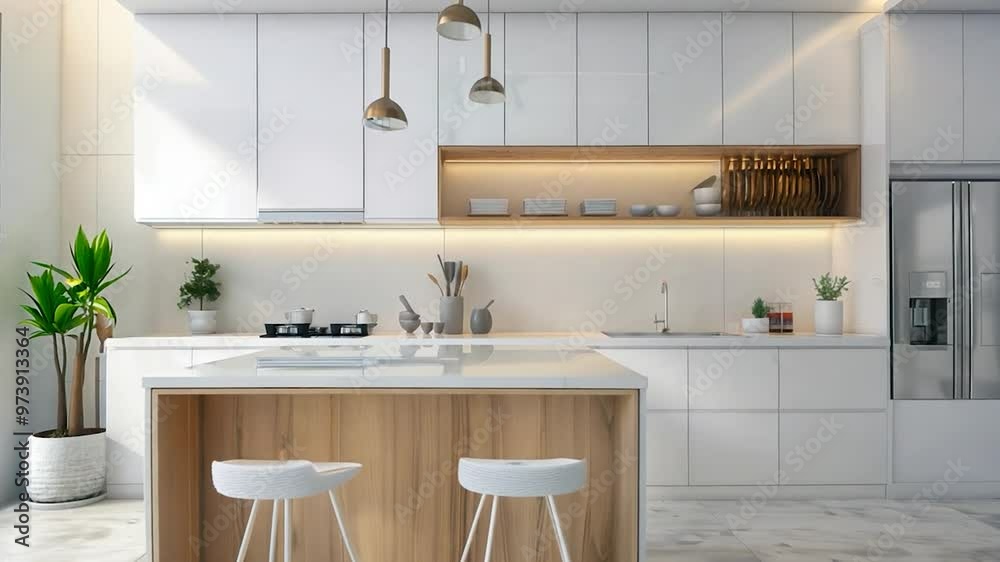 Simple modern kitchen with white and beige wood elements, Simple modern kitchen with white and beige wood elements,
