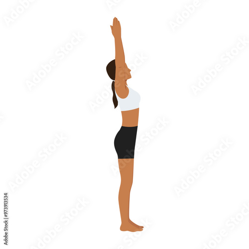 Young woman doing Volcano Pose, Upward Hand Pose, Upward Salute Pose or Tadasana Urdhva Hastasana. Flat vector illustration isolated on white background