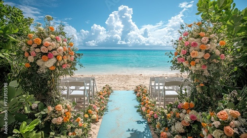 Beautiful beach wedding ceremony decor with blue carpet, white chairs, and floral arrangements in Key West style, featuring a stunning ocean view backdrop, perfect for a tropical destination wedding.
 photo