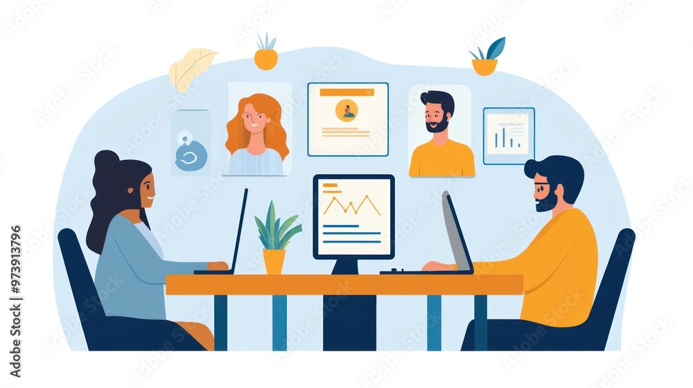 Remote work culture, international team collaborating via video conference in different time zones Remote work culture, international team collaborating via video conference in different time zones