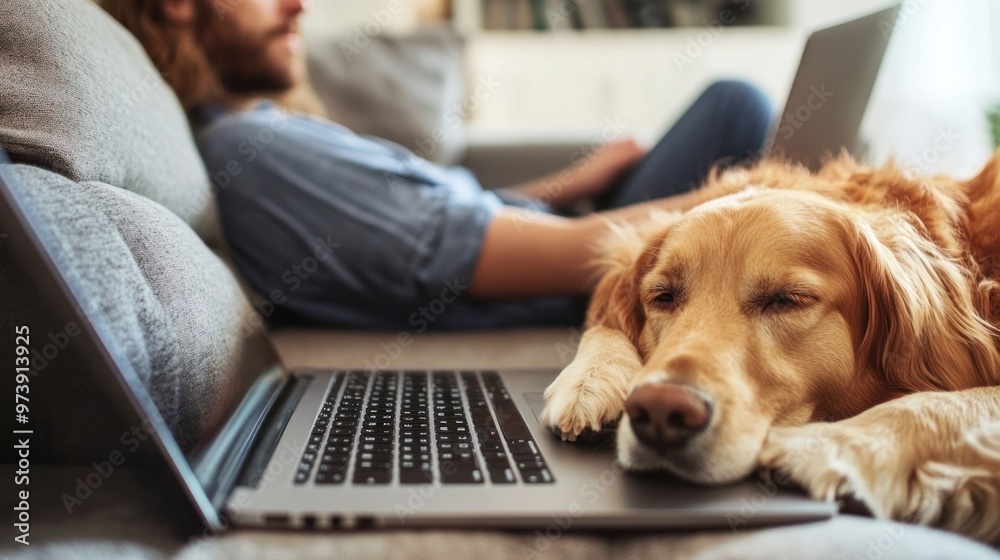 Remote work in a pet-friendly environment, person working on a laptop with a dog resting nearby Remote work in a pet-friendly environment, person working on a laptop with a dog resting nearby