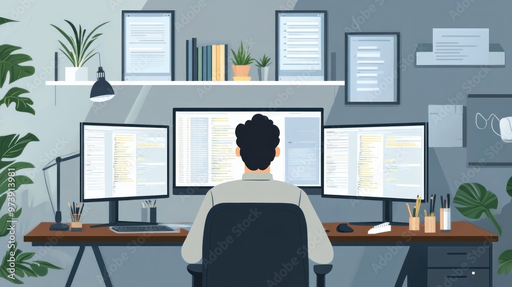 Remote work productivity, focused individual working in a minimalist home office with multiple screens