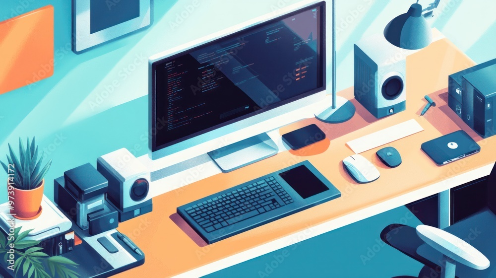 Remote work tools, a desk setup with high-tech gadgets and ergonomic furniture Remote work tools, a desk setup with high-tech gadgets and ergonomic furniture