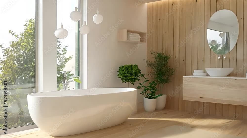 Modern bathroom with white fixtures and beige wooden elements, minimalist, Modern bathroom with white fixtures and beige wooden elements, minimalist,