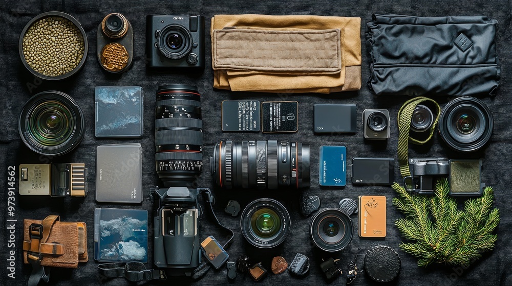 Fototapeta premium Photography Gear Layout Flat Lay Camera Lenses Accessories Gadgets