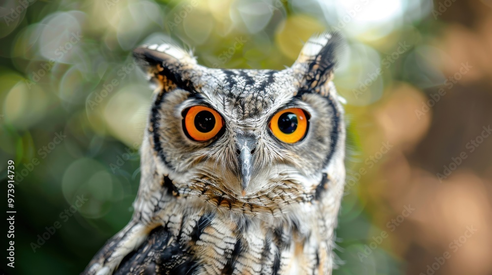 An owl with intense yellow eyes gazes intently, surrounded by vibrant greenery and soft bokeh in the background of its habitat An owl with intense yellow eyes gazes intently, surrounded by vibrant greenery and soft bokeh in the background of its habitat
