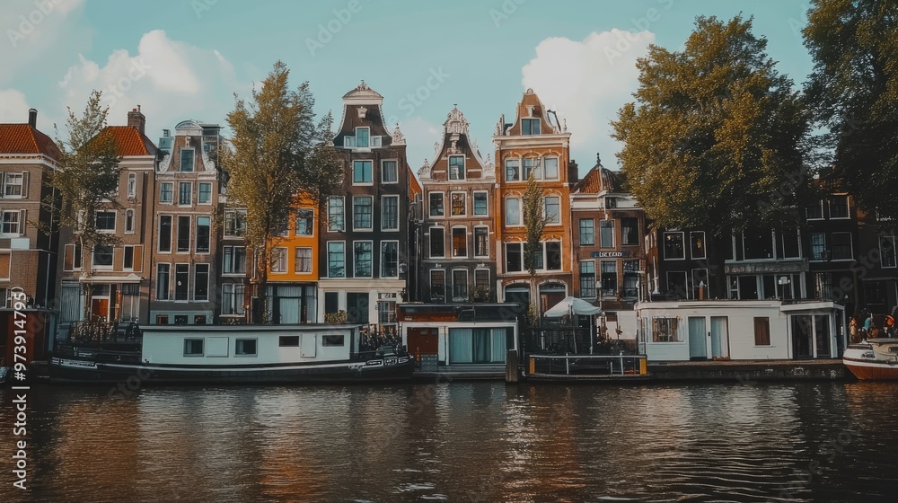 Obraz premium Colorful traditional houses lining a canal in Amsterdam, Netherlands, with boats moored along the bank and lush green trees.