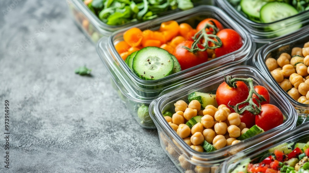 Containers for preparing healthy meals that include avocados, tomatoes, cucumbers, chicken, and chickpeas. A nutritious meal in glass jars with a rustic beige backdrop. idea of zero waste. Containers for preparing healthy meals that include avocados, tomatoes, cucumbers, chicken, and chickpeas. A nutritious meal in glass jars with a rustic beige backdrop. idea of zero waste.